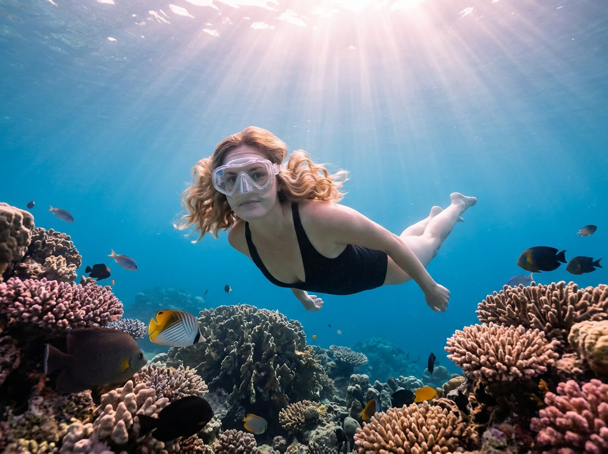 A woman freediving over a coral reef in clear blue water.