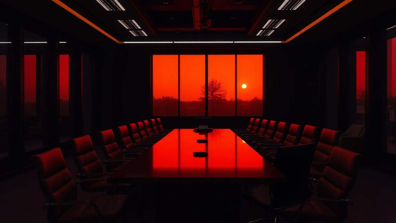An empty corporate boardroom at dusk with a long table and leather chairs