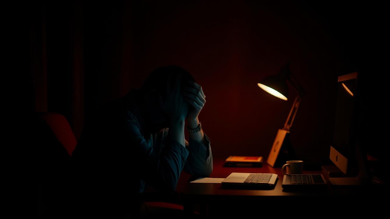 A woman sitting alone at a desk late at night, worn down by burnout