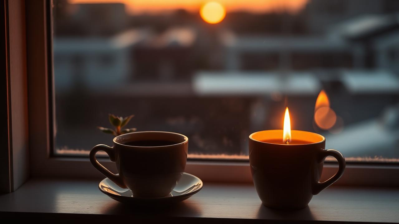 A morning coffee and small plant on a windowsill at sunrise, evoking a daily ritual