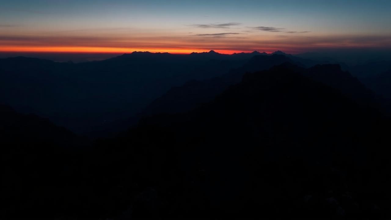 A lone figure on a dark mountain trail at dawn