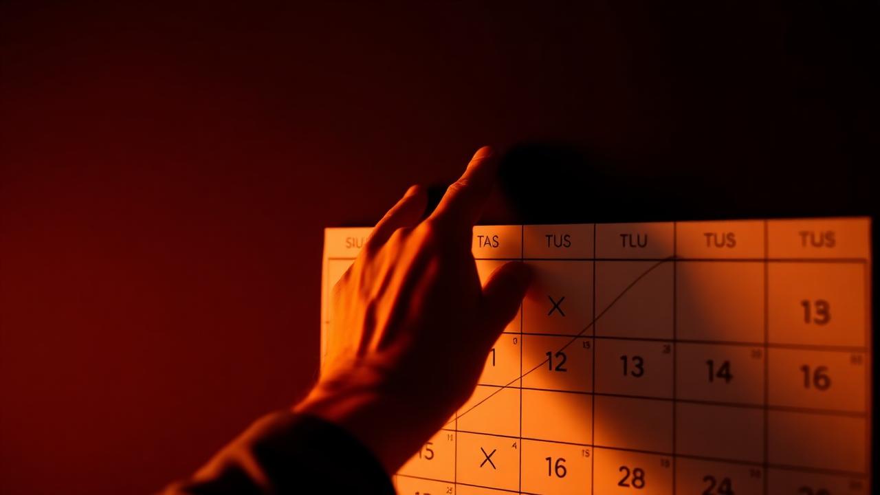 A hand marking off completed days on a wall calendar
