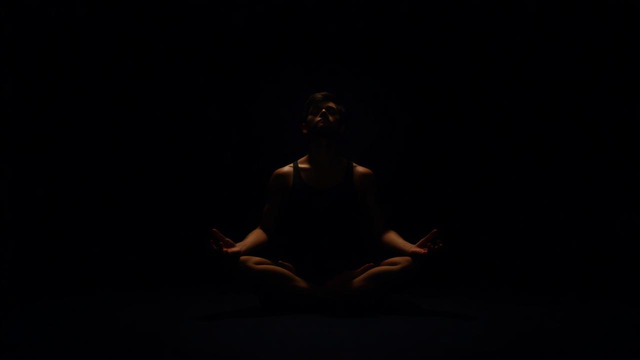 A woman sitting in meditation in a dark, quiet room