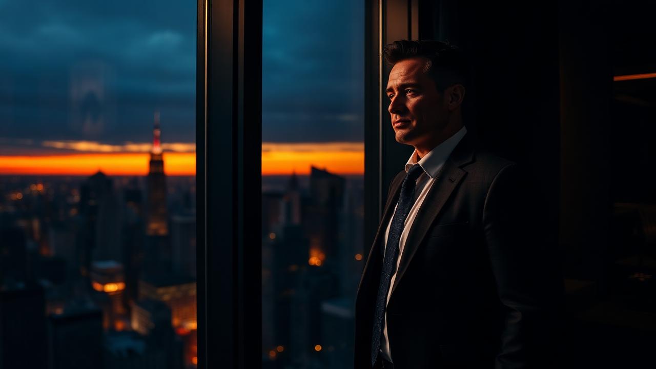 A woman in a suit looking out over a city skyline at dusk