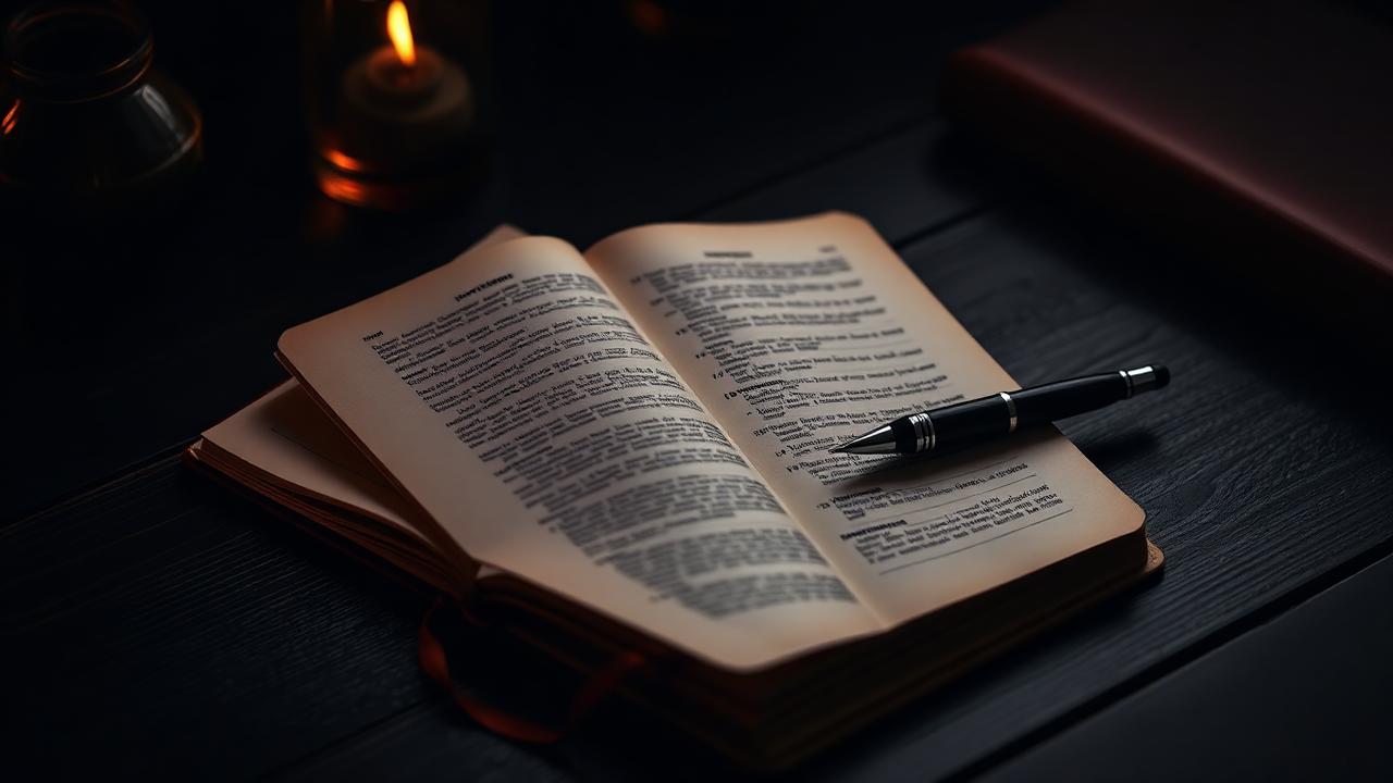 An open journal and pen on a dark desk in warm morning light